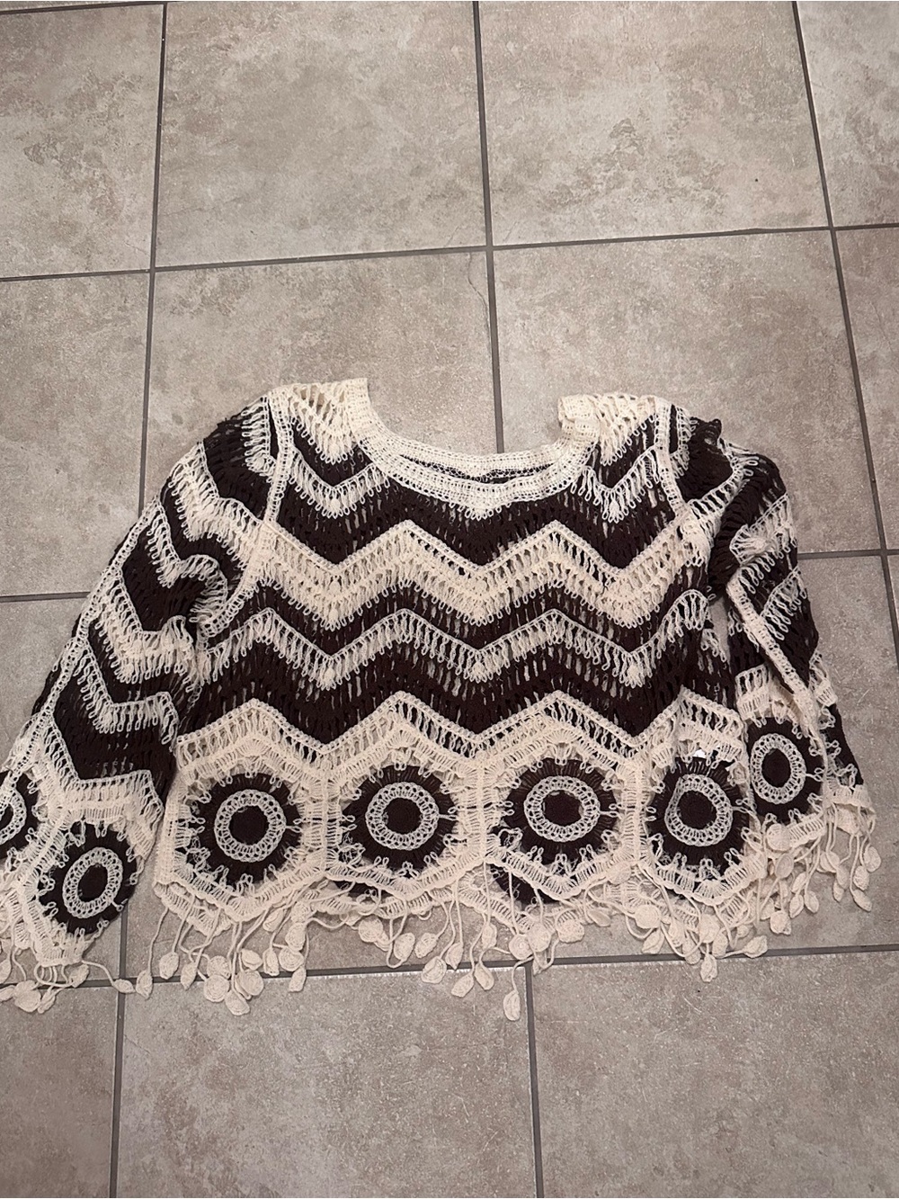 SHEIN Black & Cream Crochet Chevron Scoopneck Sweater